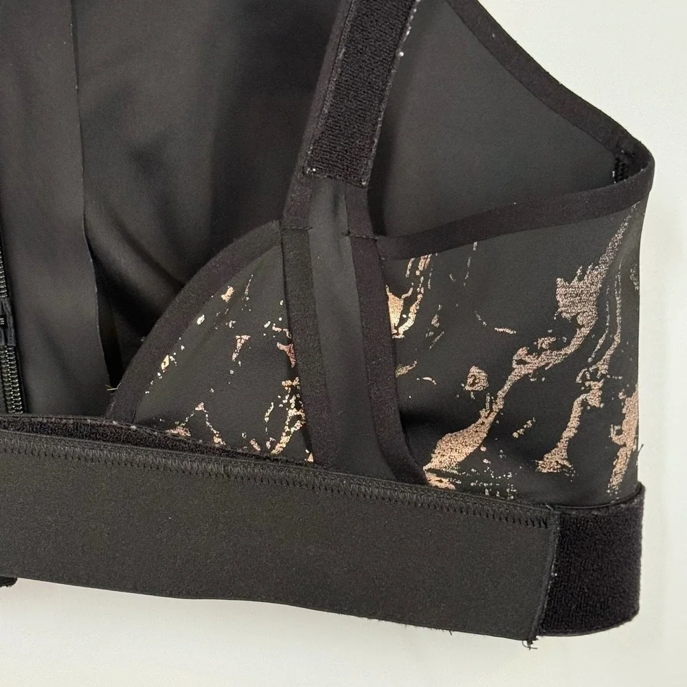SHEFIT‎ Flex Black Sports Bra Front Zip High Impact Marble Rose Gold Sz 4Luxe